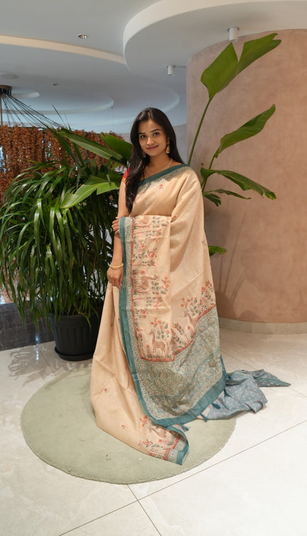 Chanderi Cotton Allover  Floral Print With Kantha Work Design With Small Contrast Border - Beige& Rama Green