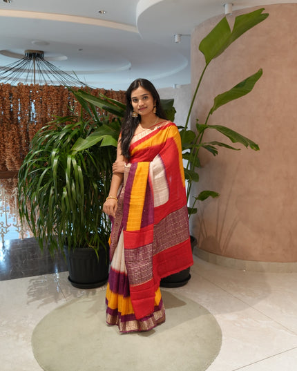 Chinon Silk Saree with Self Checks Dual Color & Zari Border - Multicolor