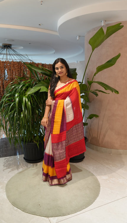 Chinon Silk Saree with Self Checks Dual Color & Zari Border - Multicolor