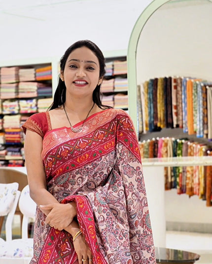 Chanderi Tusser Saree With Potola Print and Zari Border - Beige & Red