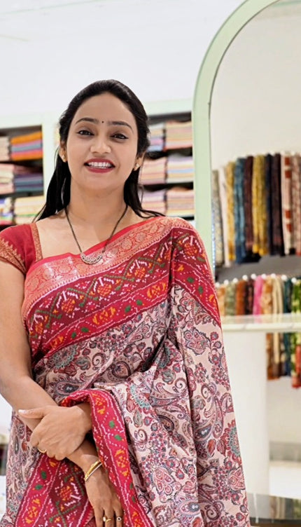 Chanderi Tusser Saree With Potola Print and Zari Border - Beige & Red