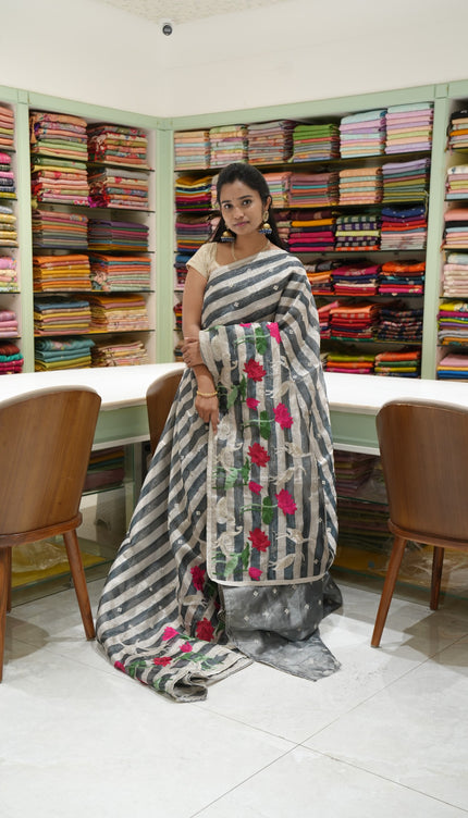 Soft Tissue Saree Stripes With Embroidery Design Border-Black & Cream