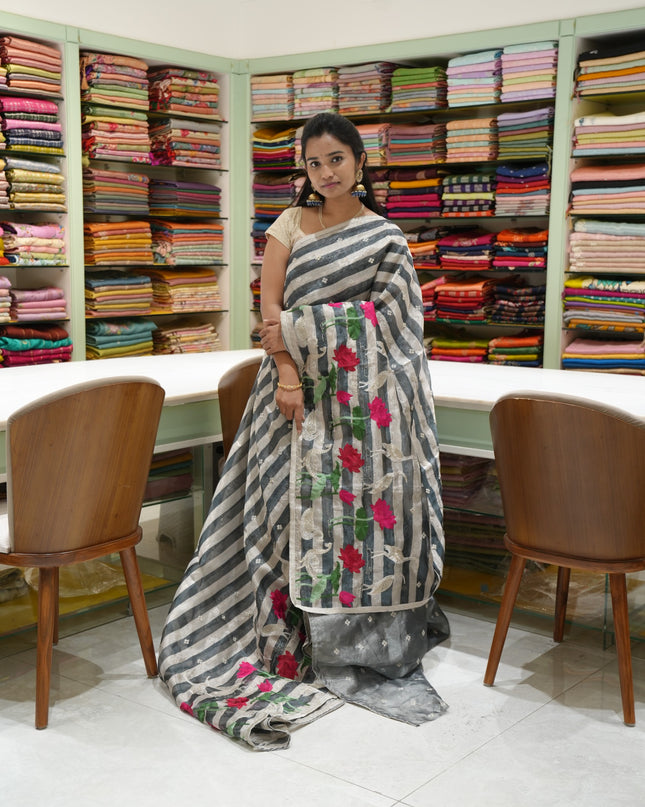 Soft Tissue Saree Stripes With Embroidery Design Border-Black & Cream