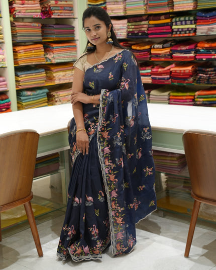 Soft Crush Saree With Thread Embordery Birds Design And Scallop Border- Navy Blue