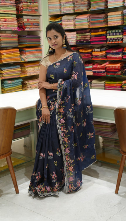 Soft Crush Saree With Thread Embordery Birds Design And Scallop Border- Navy Blue