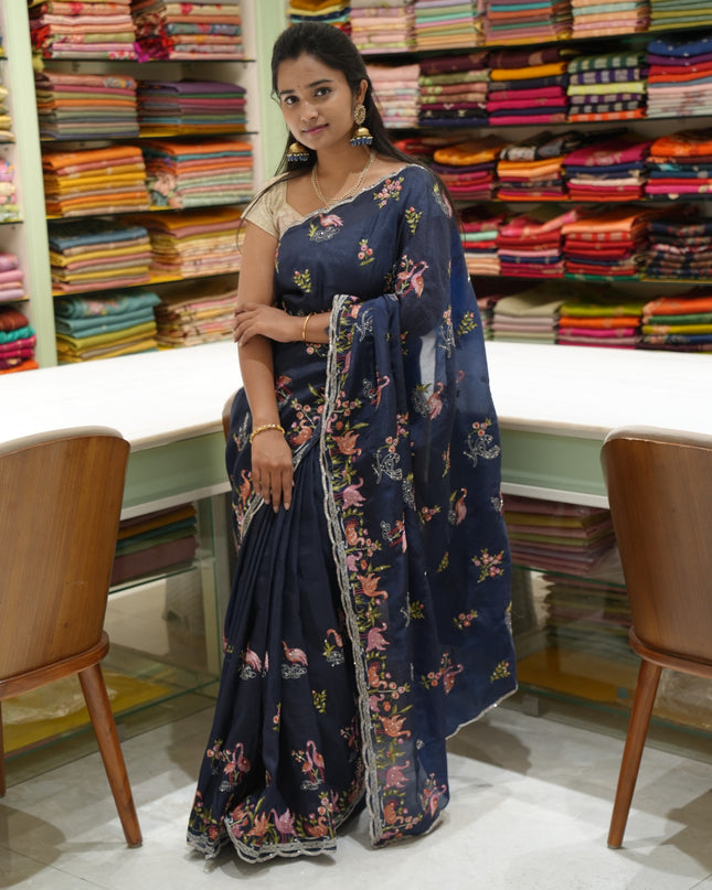 Soft Crush Saree With Thread Embordery Birds Design And Scallop Border- Navy Blue