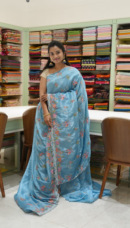 Soft Crush Saree With Floral Butties And Scallop Design Border-Light Blue