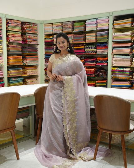 Soft Crush Saree With Peta Work Design And Gold Zari Embroidery Design Border- Light Pink