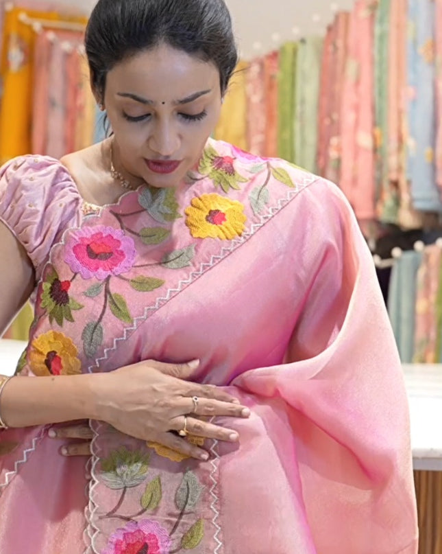 Soft tissue Organza saree with Thread work and scallop border - Baby Pink