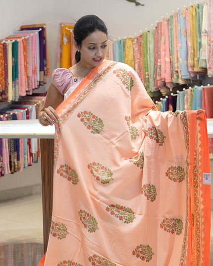 Mul Cotton Saree with Hand Block Print and Applique  Border- Orange