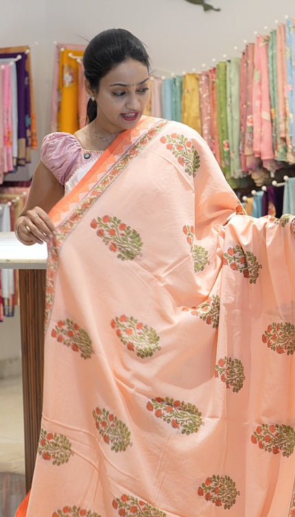 Mul Cotton Saree with Hand Block Print and Applique  Border- Orange