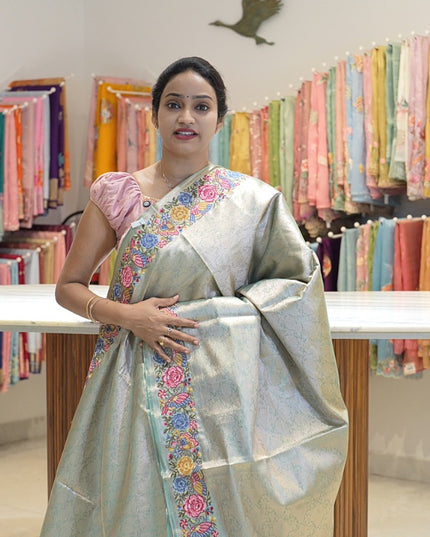 Semi Tissue Pattu Saree Allover Antic Zari Work and embroidery Work Border - Green