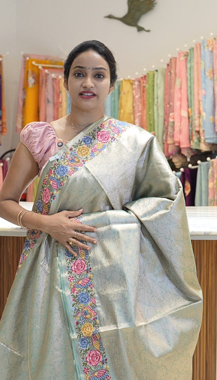 Semi Tissue Pattu Saree Allover Antic Zari Work and embroidery Work Border - Green