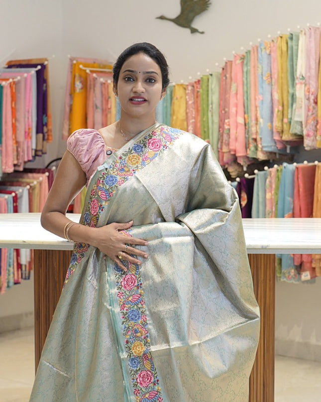 Semi Tissue Pattu Saree Allover Antic Zari Work and embroidery Work Border - Green