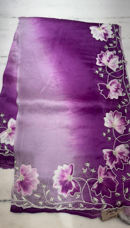Georgette  Saree With All over Floral Design With scallop Bordar  - Purple