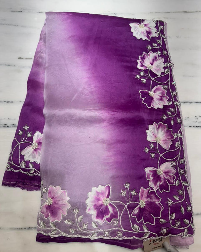 Georgette  Saree With All over Floral Design With scallop Bordar  - Purple
