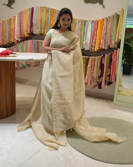Tissue Linen Saree and Scallop Border and Peral Work - Yellow