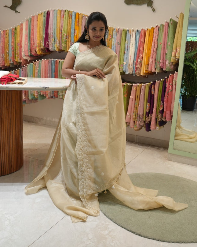 Tissue Linen Saree and Scallop Border and Peral Work - Yellow