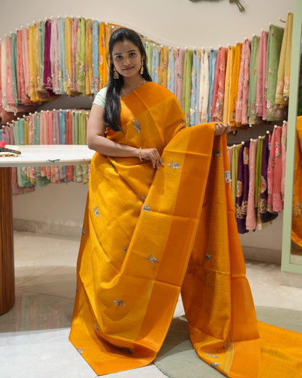 Jute Tissue Silk Saree With Thread Embroidery Work And Satin Border - Mustard