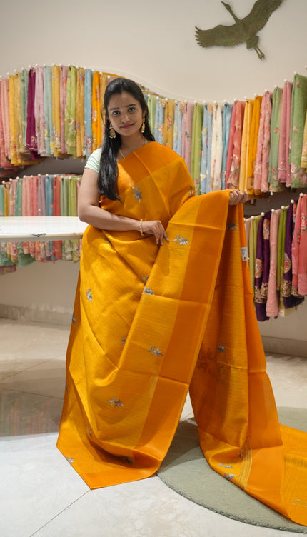 Jute Tissue Silk Saree With Thread Embroidery Work And Satin Border - Mustard