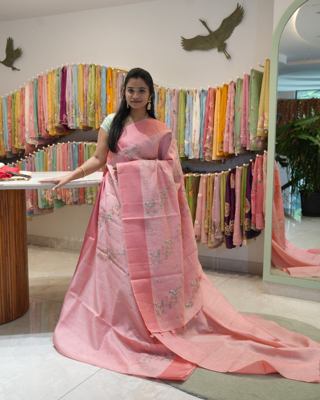 Jute Tissue Silk Saree With Thread Embroidery Work And Satin Border - Pink