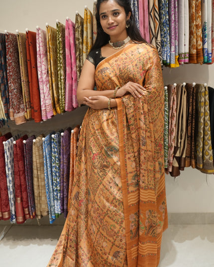 Russian crepe saree with Digital Print And Kalmkari Print - Mustard