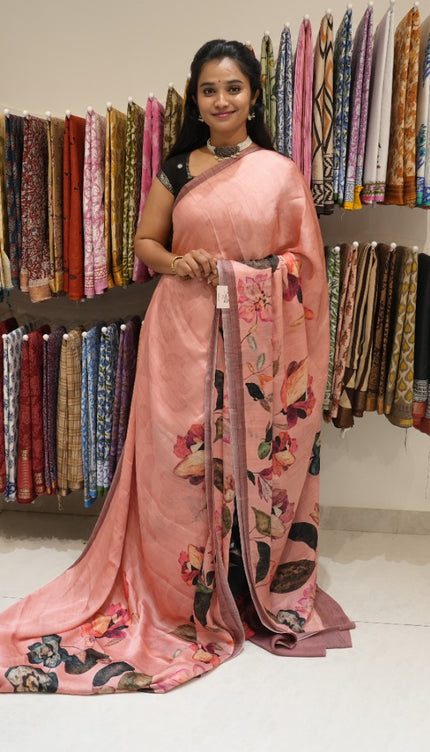 Russian crepe saree with Digital Print And Temple Design Border  - Light Pink