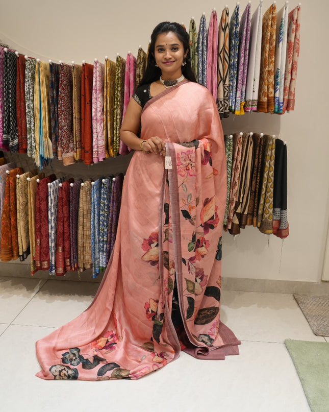 Russian crepe saree with Digital Print And Temple Design Border  - Light Pink