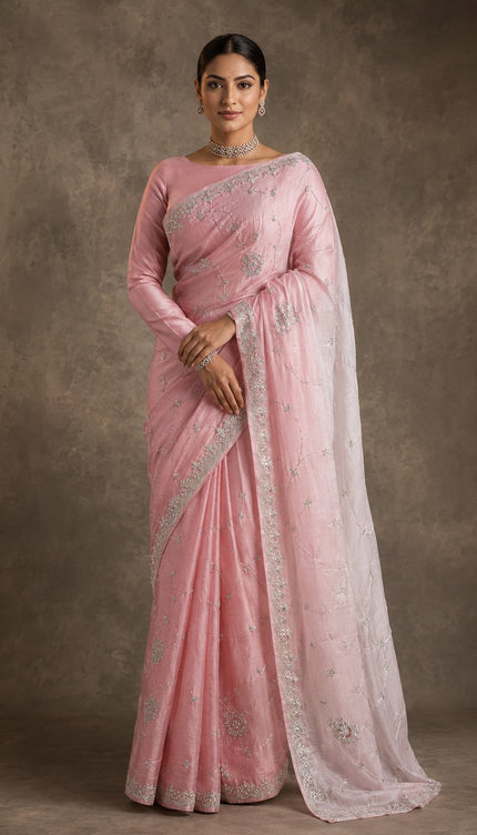 Italin Silk saree with kardhana work and scalp border - Light Pink