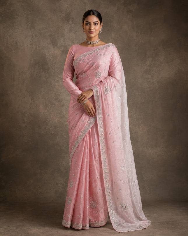 Italin Silk saree with kardhana work and scalp border - Light Pink
