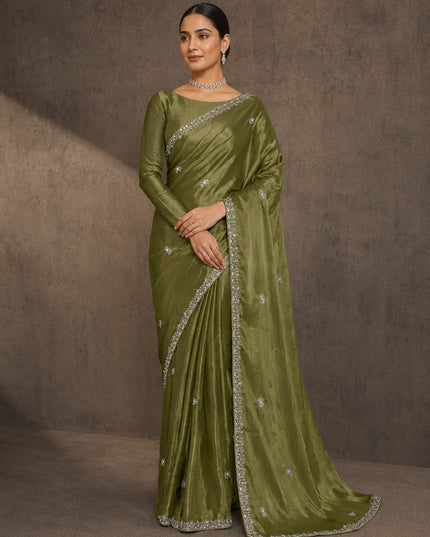 Soft Tissue Saree With Zardozi Sequence Work and scallop Border - Green