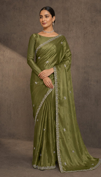 Soft Tissue Saree With Zardozi Sequence Work and scallop Border - Green