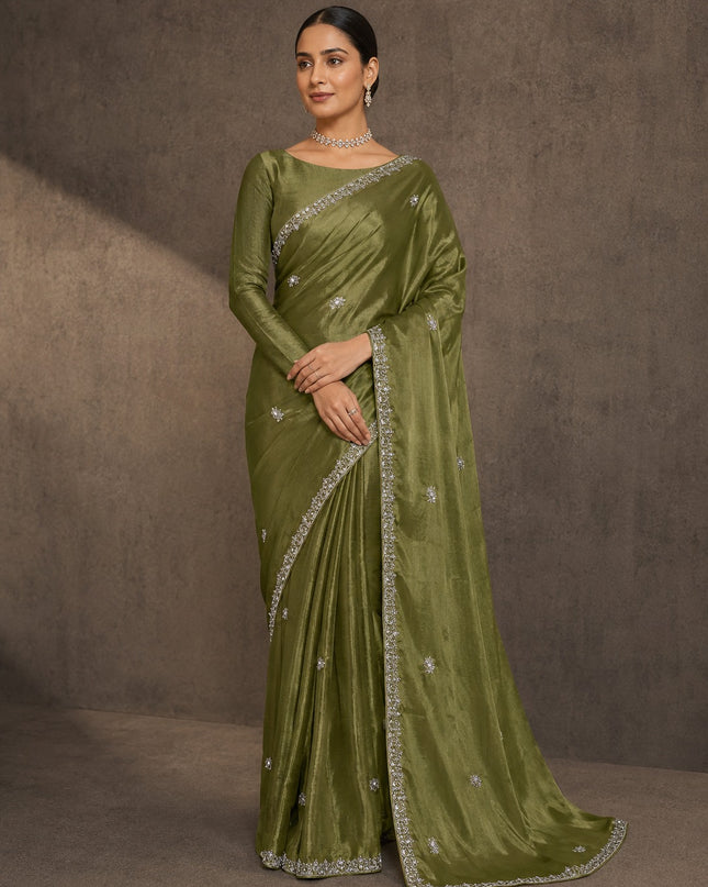 Soft Tissue Saree With Zardozi Sequence Work and scallop Border - Green