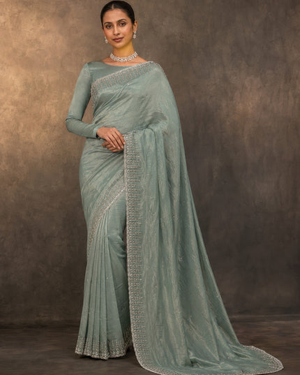 Tissue Crepe Saree Kardhana Sequence Work and Scallop Border - Mint Green