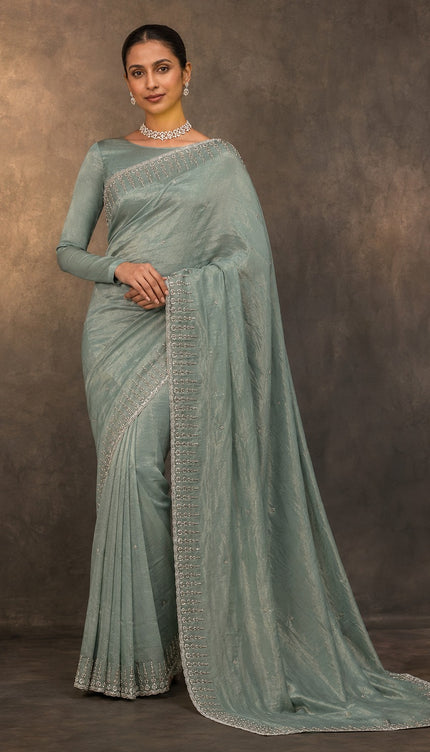 Tissue Crepe Saree Kardhana Sequence Work and Scallop Border - Mint Green