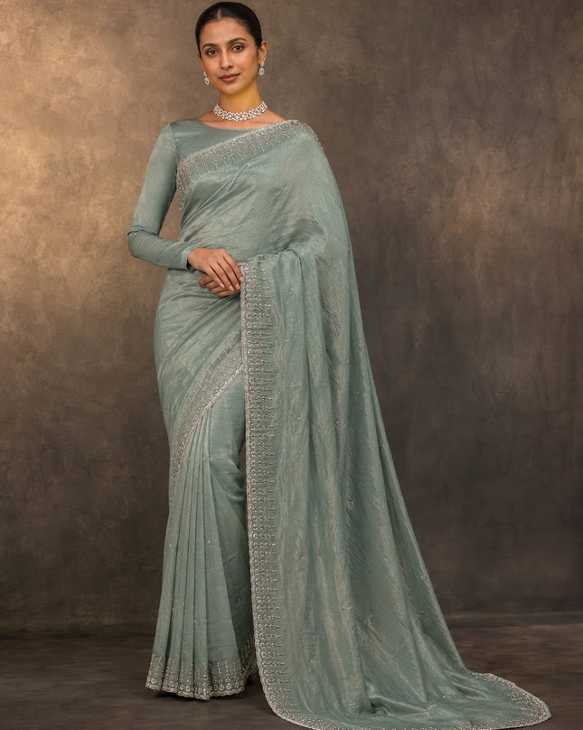Tissue Crepe Saree Kardhana Sequence Work and Scallop Border - Mint Green