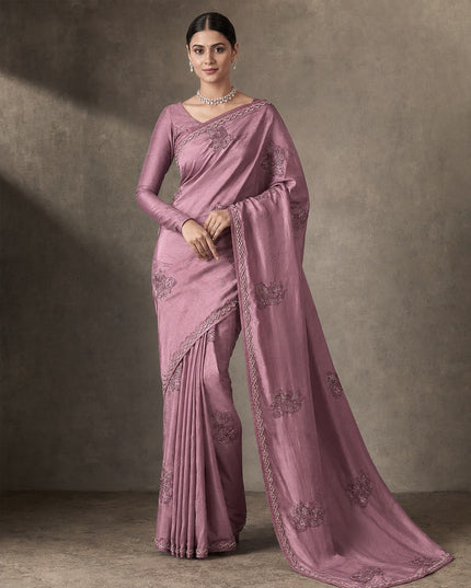 Dupion Saree with Thread Work Elephant Motifs With Kardhana work and Scallop Border - Onion Pink