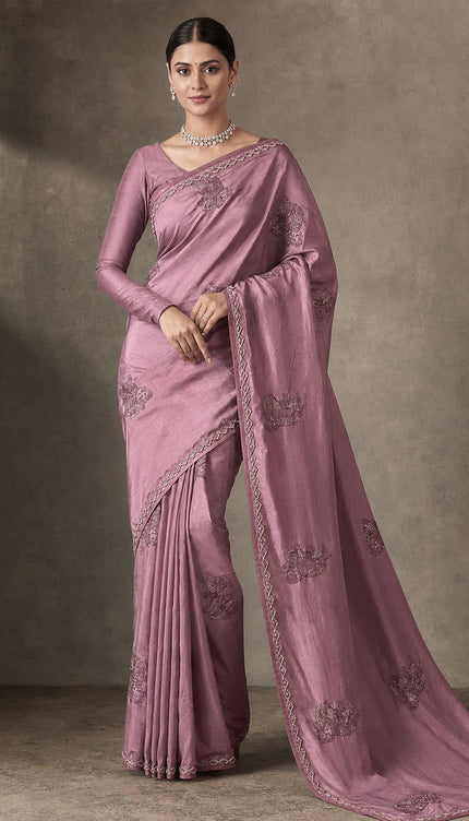 Dupion Saree with Thread Work Elephant Motifs With Kardhana work and Scallop Border - Onion Pink