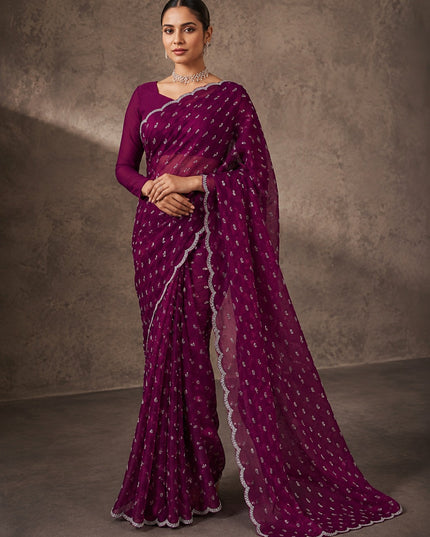 Soft Velvet Saree With Kardhana Work and Scallop Border- Purple