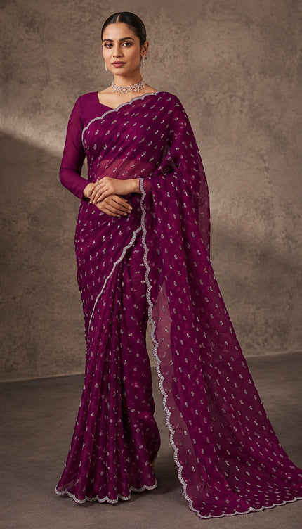 Soft Velvet Saree With Kardhana Work and Scallop Border- Purple