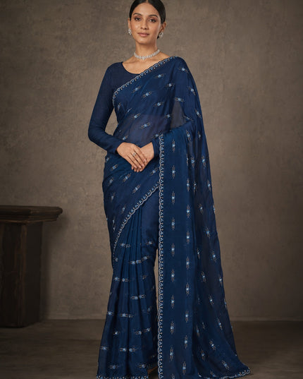 Soft Velvet Saree With Kardhana Sequence Work and Scallop Border-Peacock Blue