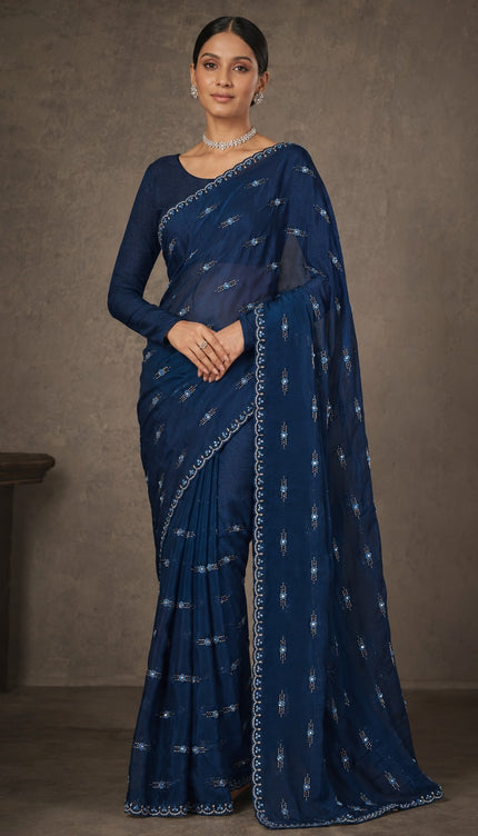 Soft Velvet Saree With Kardhana Sequence Work and Scallop Border-Peacock Blue