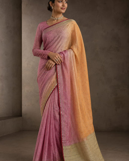 Satin Crepe Saree All over Thread butties Scallop Border Kardhana Sequence Work - Peach & Pink