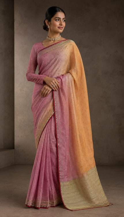 Satin Crepe Saree All over Thread butties Scallop Border Kardhana Sequence Work - Peach & Pink