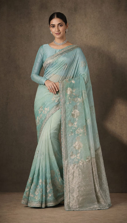 Russian Crepe Saree With All over Floral Butties  and Zardozi & kardhana Work Scallop Border- Blue & Green