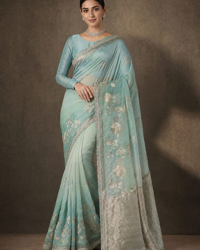 Russian Crepe Saree With All over Floral Butties  and Zardozi & kardhana Work Scallop Border- Blue & Green