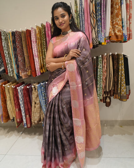 Manipuri kota  Gold and silver  Zari weaving Buttis  with Checks Design and Satin Border -Coffee Brown