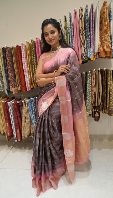 Manipuri kota  Gold and silver  Zari weaving Buttis  with Checks Design and Satin Border -Coffee Brown