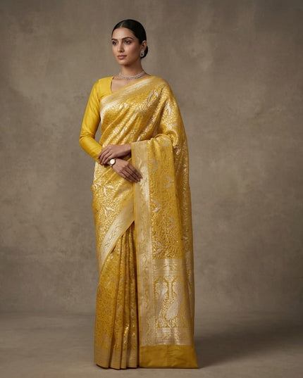 Soft Banaras Saree With Stone work and Scallop Border mirror work- Mustard