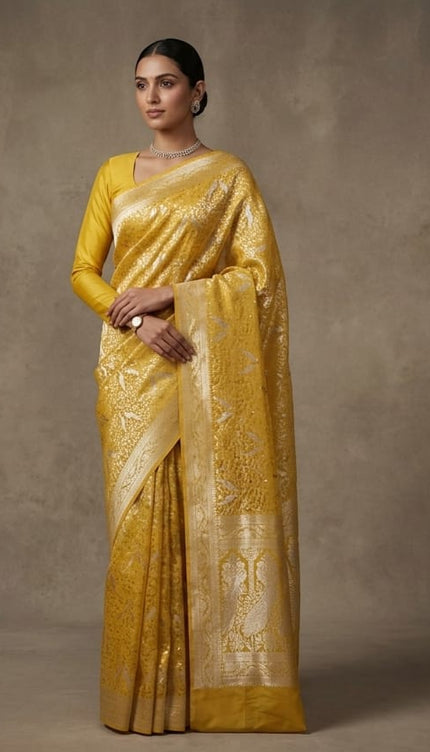 Soft Banaras Saree With Stone work and Scallop Border mirror work- Mustard